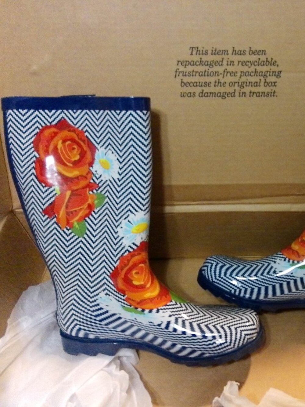 Landchief Women's Rose zig-zag Rain Boots Tall Waterproof Anti-Slip Size 9 NEW